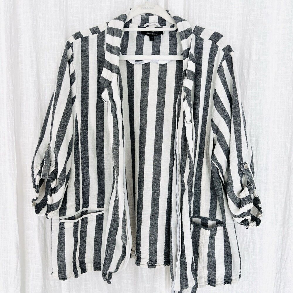 New Look Gray & White Striped Soft Lightweight Linen Blend Shirt Jacket ~Plus 2X